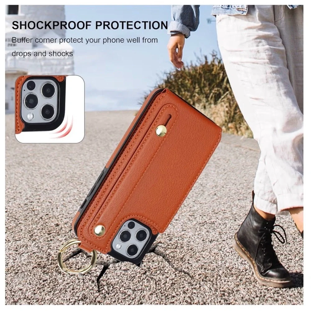 iPhone 12/12 Pro Wallet Case Brown Card Holder Wrist Strap Faux Leather